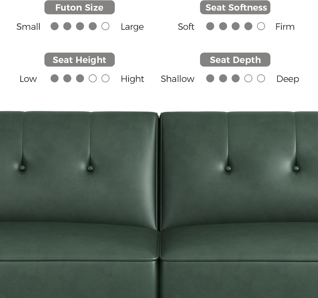 COPIAE 89' Futon Sofa Bed,Futon Couch Bed with 2 Square Pillows,Convertible Sleeper Sofa with Adjustable Backrest& Armrests, Modern Loveseat Sleeper for Living Room, Bedroom,Faux Leather Green