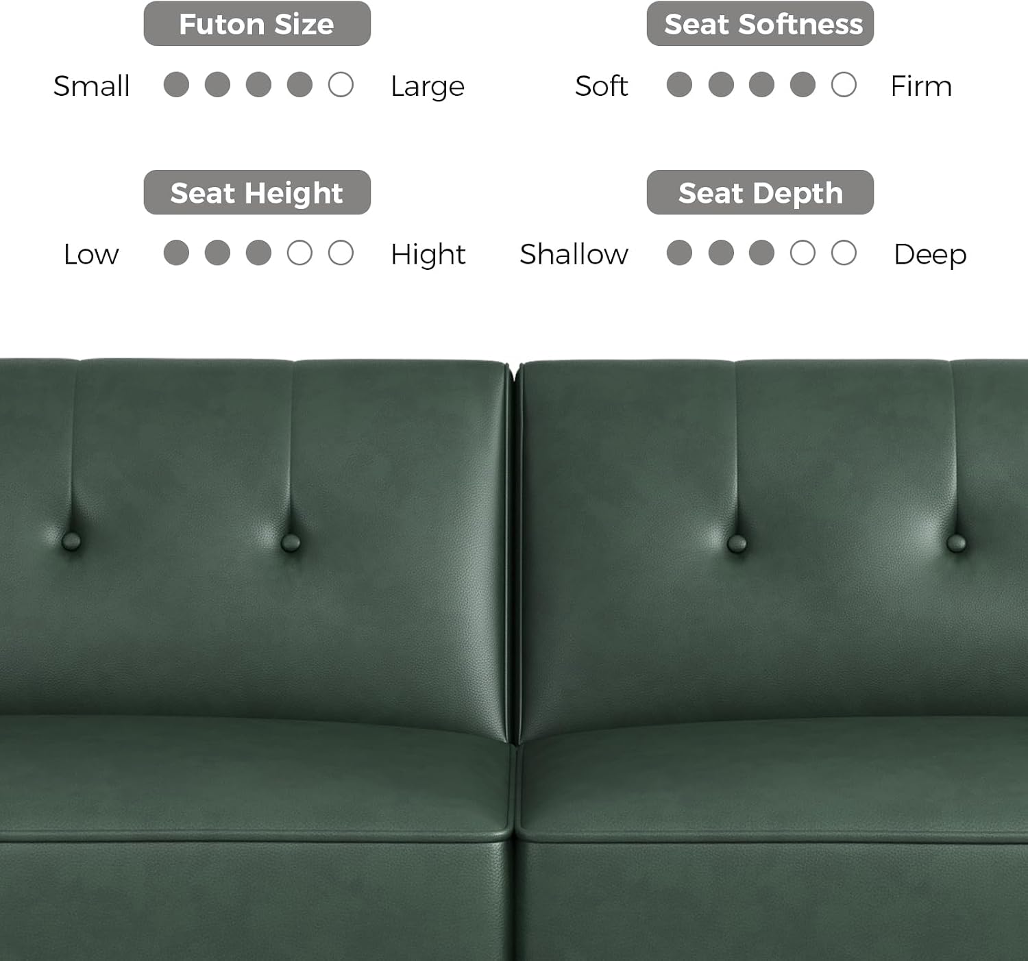 COPIAE 89' Futon Sofa Bed,Futon Couch Bed with 2 Square Pillows,Convertible Sleeper Sofa with Adjustable Backrest& Armrests, Modern Loveseat Sleeper for Living Room, Bedroom,Faux Leather Green