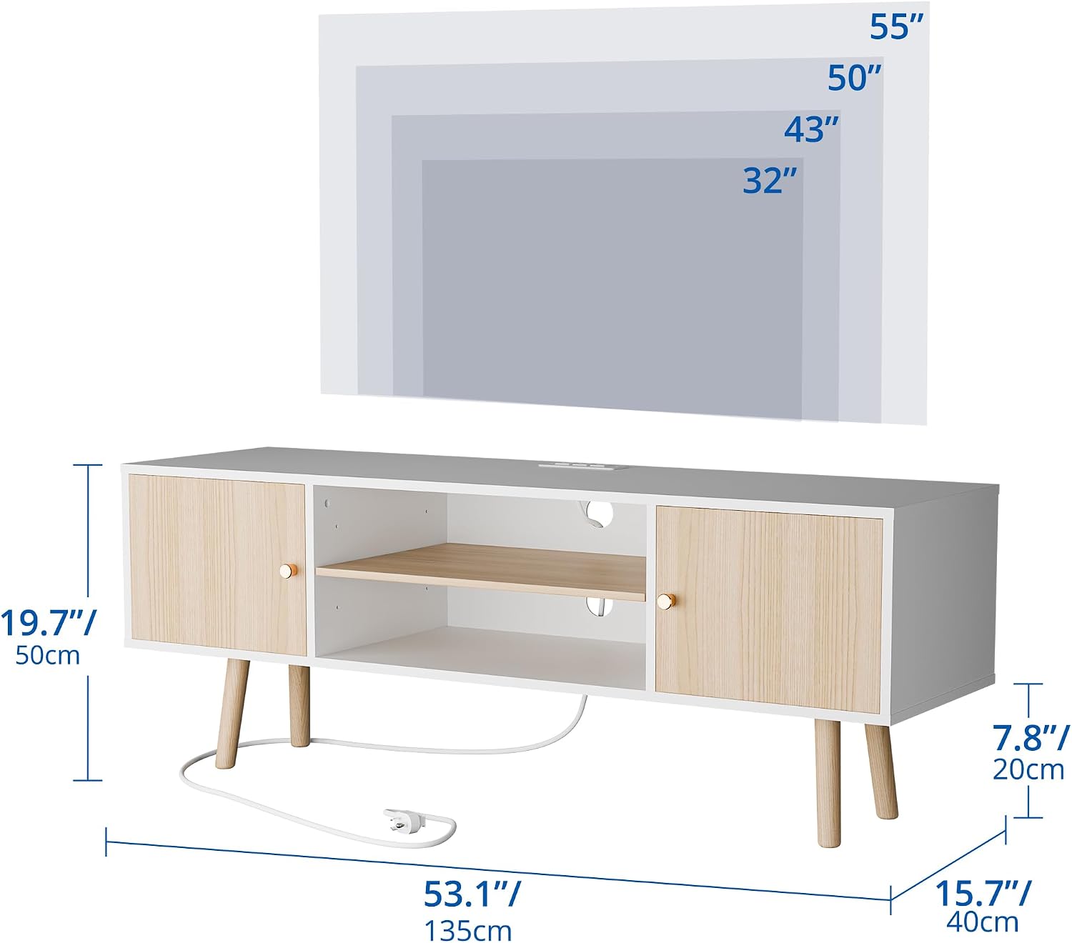 Cozy Castle TV Stand for 48-55 Inch TV, Mid Century Modern Entertainment Center with Storage Cabinet, TV Media Console with Charging Station for Living Room (Oak, 53.1' W x 15.7' D x 19.7' H)