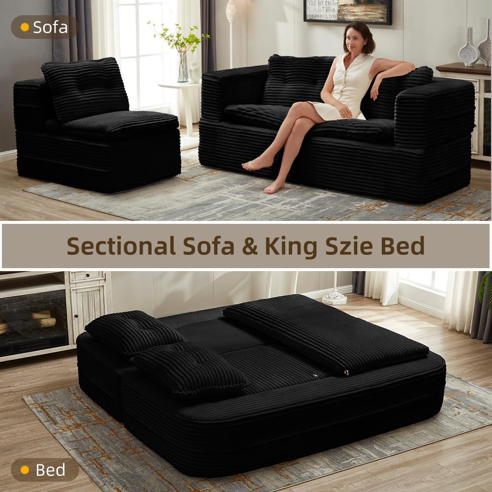 80'' Futon Sofa Bed, King Size Foldable Sleeper Sofa, Corduroy Boneless Loveseat Couch with Chaise Lounge, 3 Pillows, Blanket, Upholstered Sectional Couches for Living Room, Bedroom, Black