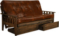 FutonX Rustic Walnut Frame and Mattress Set with Choice to add Drawers, 8 Inch Innerspring Futon Sofa Bed Full Size Wood (Brown Leather Matt, Frame and Drawers)