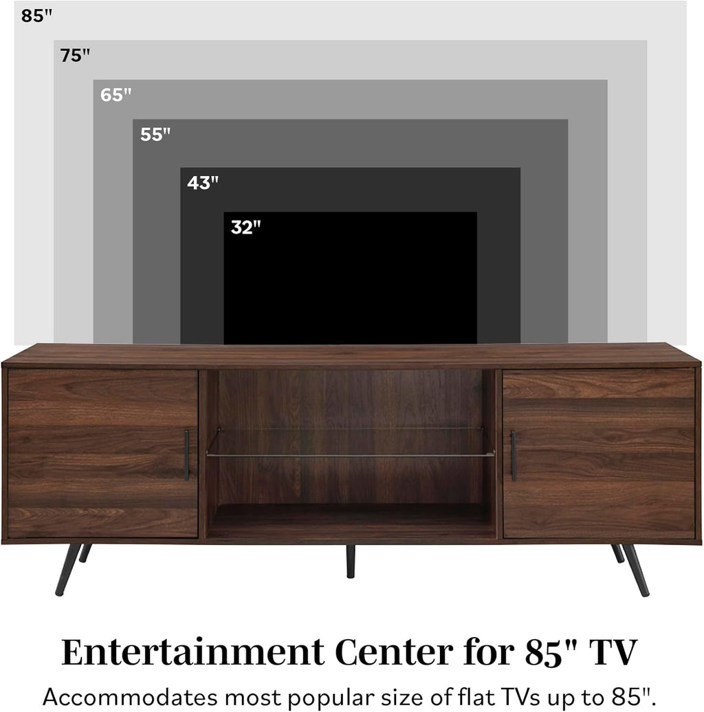 Walker Edison Saxon Mid Century Modern 2 Door Glass Shelf TV Stand for TVs up to 80 Inches, 70 Inch, Dark Walnut
