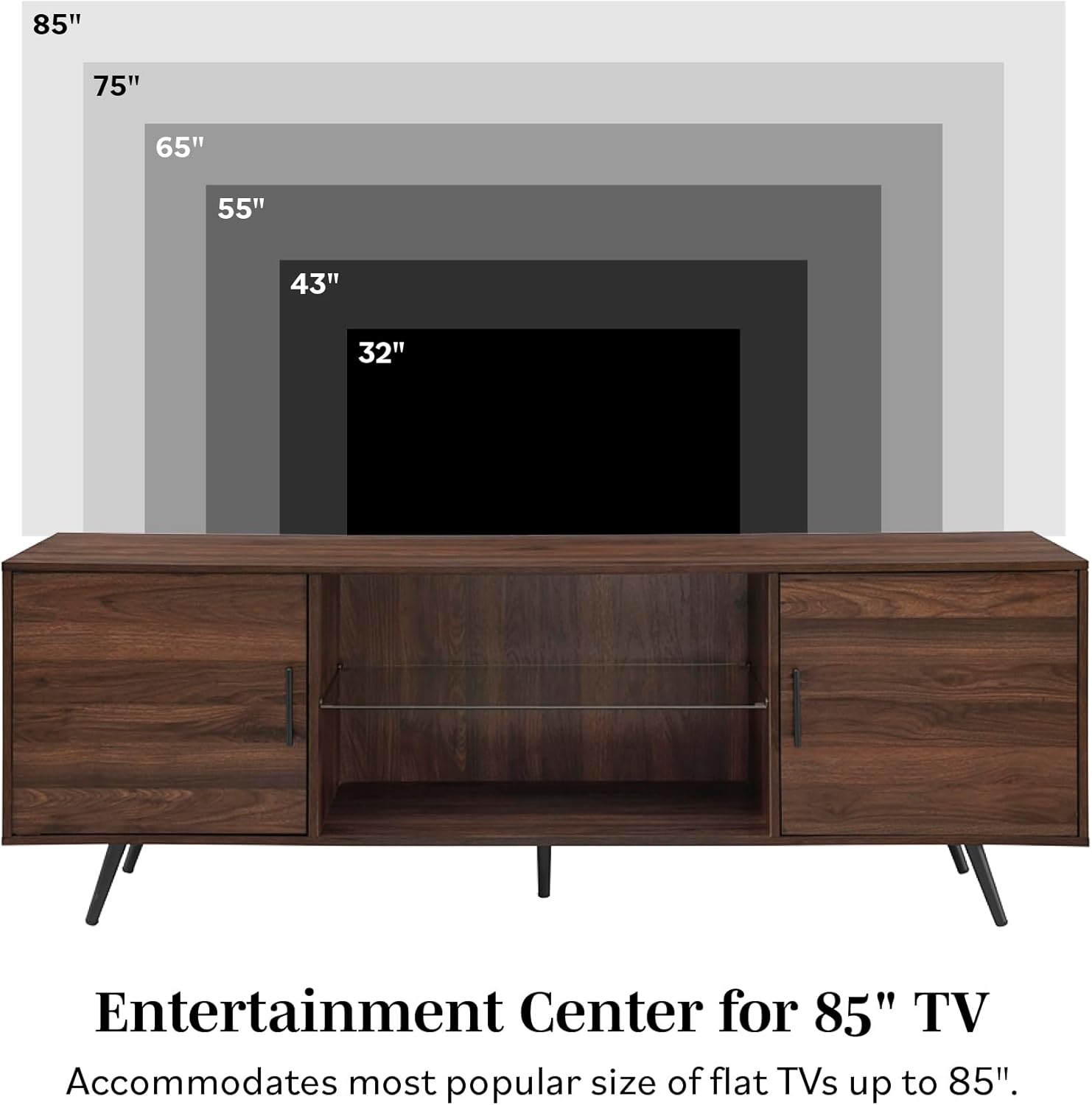 Walker Edison Saxon Mid Century Modern 2 Door Glass Shelf TV Stand for TVs up to 80 Inches, 70 Inch, Dark Walnut