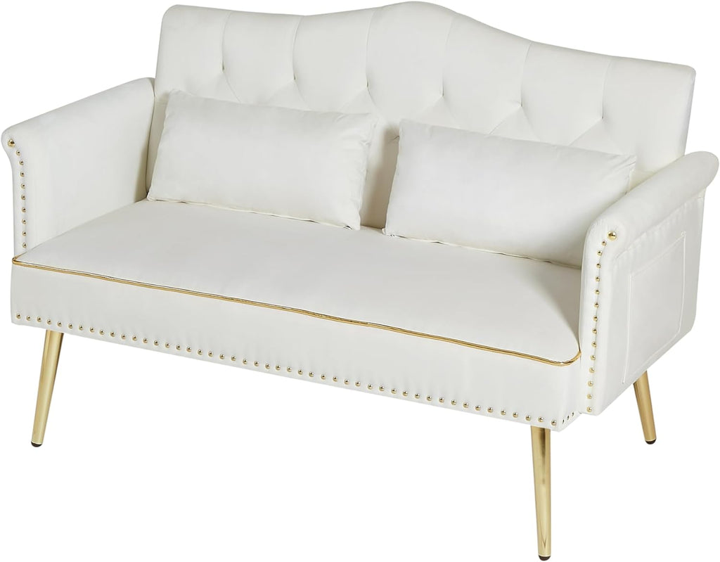 hansones 55-Inch Modern Velvet Loveseat Sofa with Gold Metal Legs & Side Pockets, Tufted Backrest, Perfect for Living Room, Bedroom, or Office (Modern Beige)
