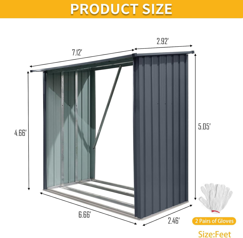 JT 7 x 3 FT Metal Firewood Rack, Galvanised Steel Garden Log Storage Shed, Metal Firewood Shed Holder, Outdoor Log Rack for Backyard, Black