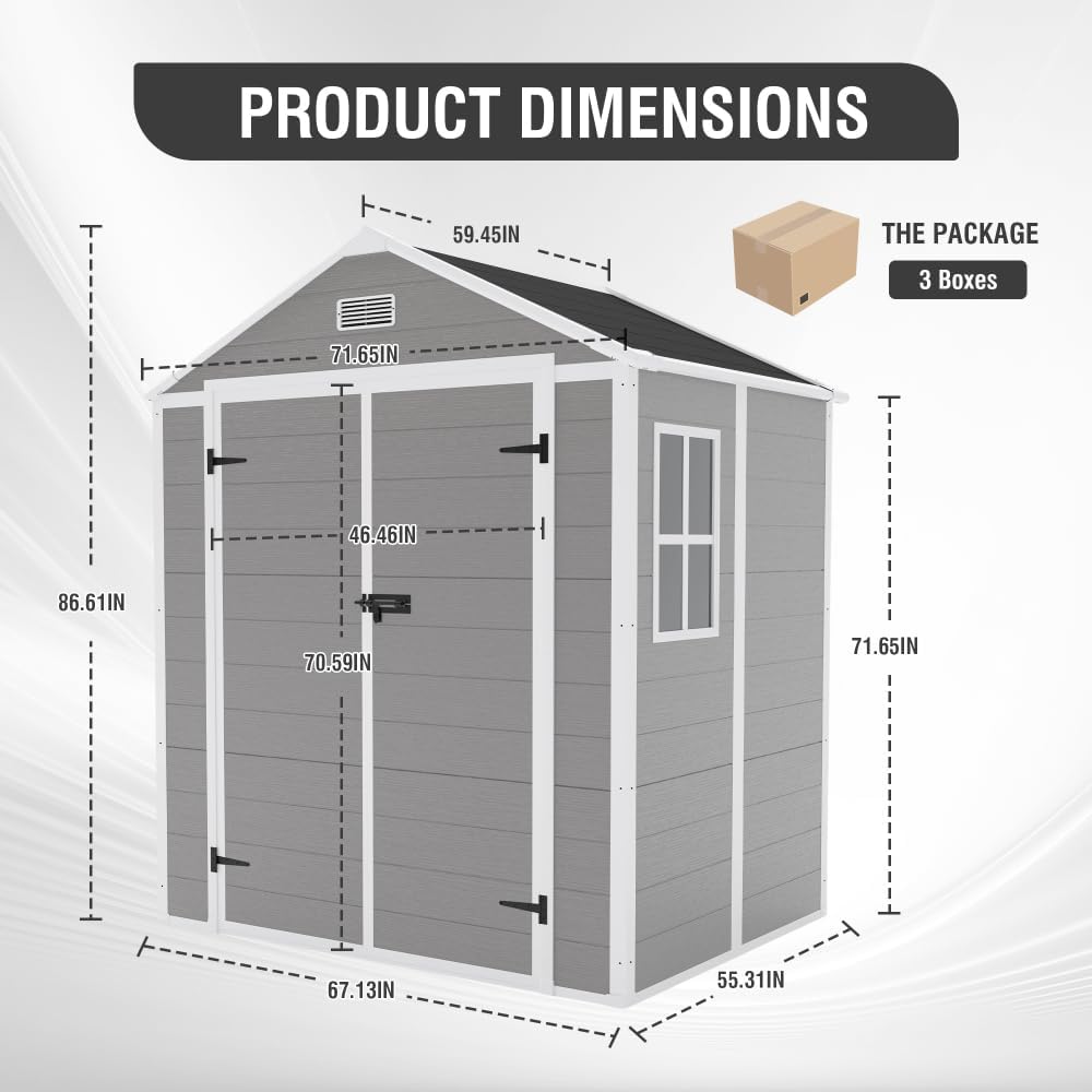 6x5FT Resin Storage Shed - Dark Gray Plastic Garden Shed with Floor Included, Waterproof UV/Rust Proof Outdoor Shed for Backyard, 12mm Thick PP Sheds & Outdoor Storage with HD Acrylic Window (6*5ft)