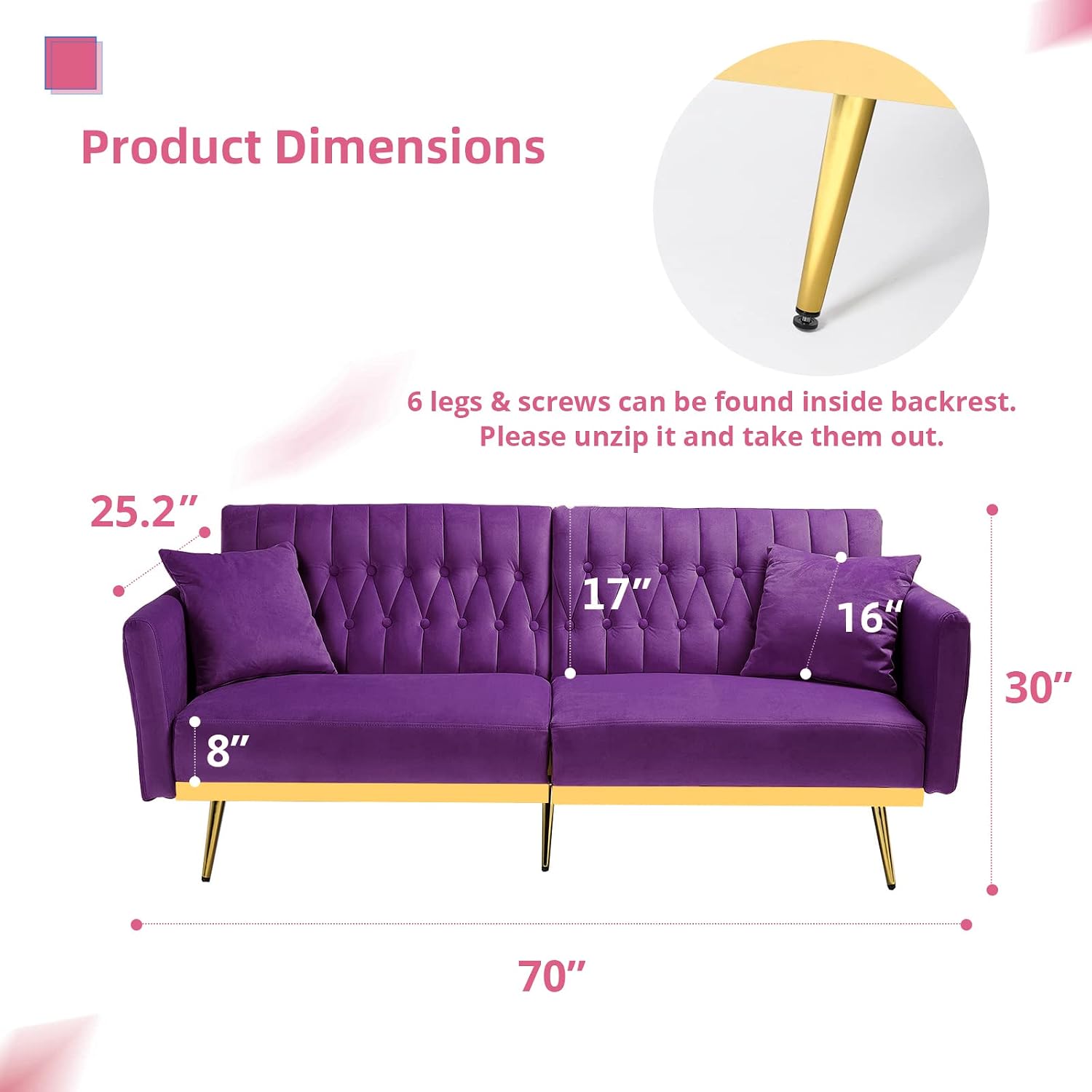 2 Pieces Velvet Sofa Set with Adjustable Armrest and Backrest, 70' Convertible Futon Sofa Bed & Mordern Accent Chair with Ottoman for Living Room, Bedroom, Purpel