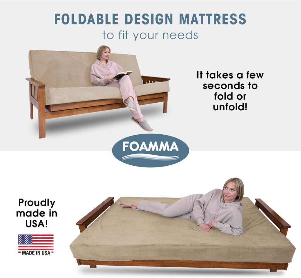 Foamma Memory Foam Futon Mattress, Double-Sided Foldout Couch Futon Mattress, 6' x 54' x 80' Full XL (Beige), Corduroy Fabric - Heavy Duty Sofa Bed, Thick Corded Cushion (Frame NOT Included)