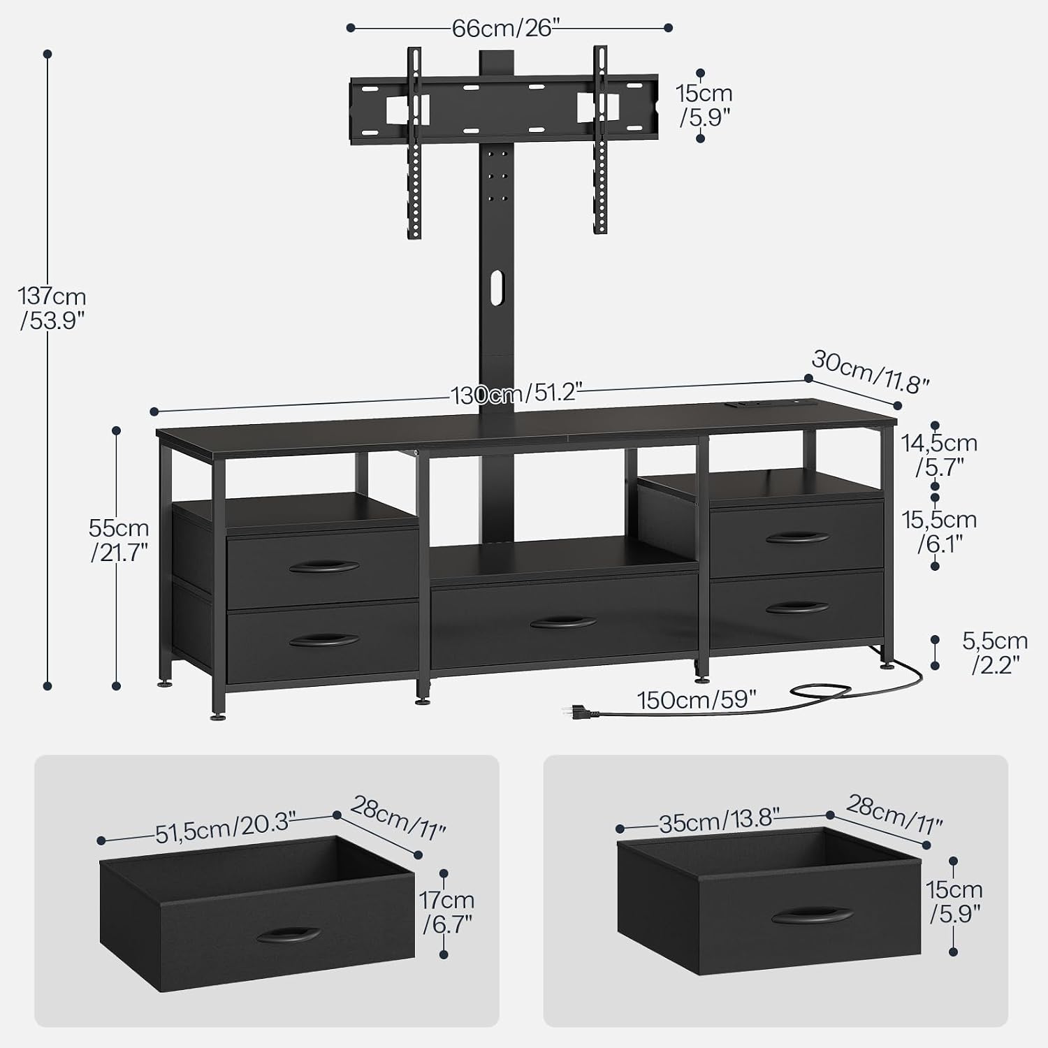 HOOBRO TV Stand with Mount and Power Outlet, for 32/45/55/60/65 inch TVs, Swivel Led Entertainment Center with Drawers, Adjustable Media Console for Living Room, Bedroom, Black BB130UDDS01