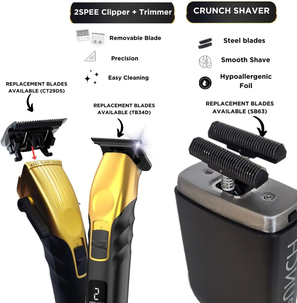 Supreme Trimmer 3-in-1 Barber Bundle | 2Spee Clipper, 2Spee Trimmer & Crunch Foil Shaver | Professional Beard Trimmer Men's Hair Clipper Kit | (Gold)
