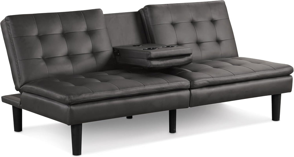Furniture of America Fallein Modern Contemporary Wood 71.5-inch Futon Sofa Bed with Drop-Down Table, Cup Holders, USB-A Charger, Biscuit Tufting for Bedroom, Guest Room, Gray