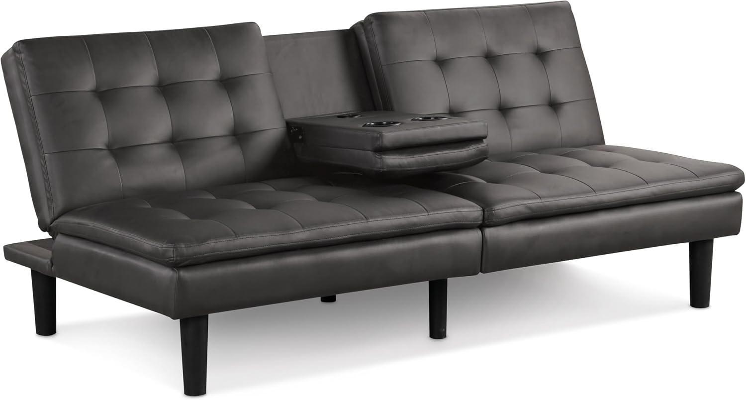 Furniture of America Fallein Modern Contemporary Wood 71.5-inch Futon Sofa Bed with Drop-Down Table, Cup Holders, USB-A Charger, Biscuit Tufting for Bedroom, Guest Room, Gray