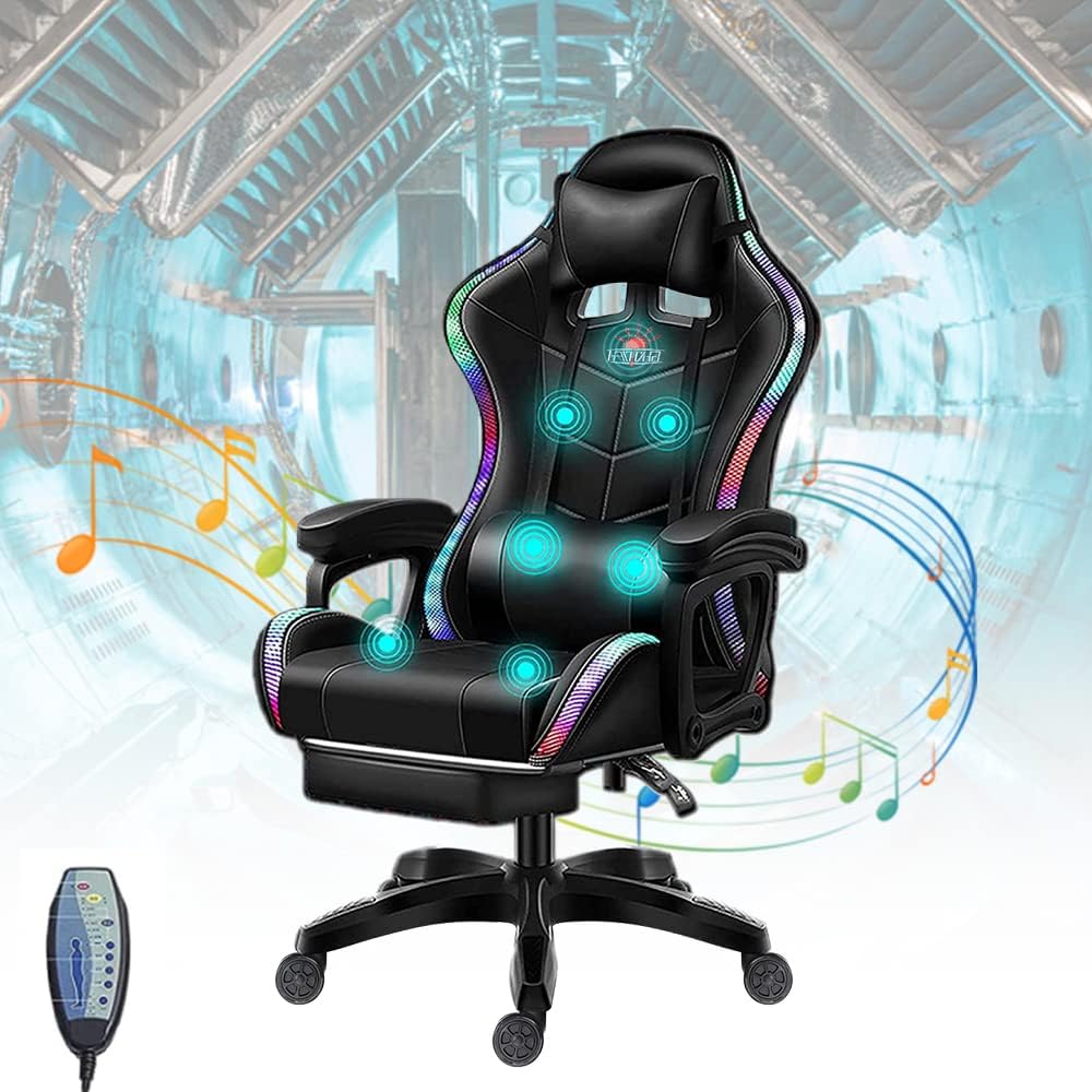 Gaming Chairs for Adults with Massage and Speakers, High Back Ergonomic Racing Chair with Footrest and Lumbar Support, LED Light Video Game Chair with Headrest and Lumbar Pillow,Black