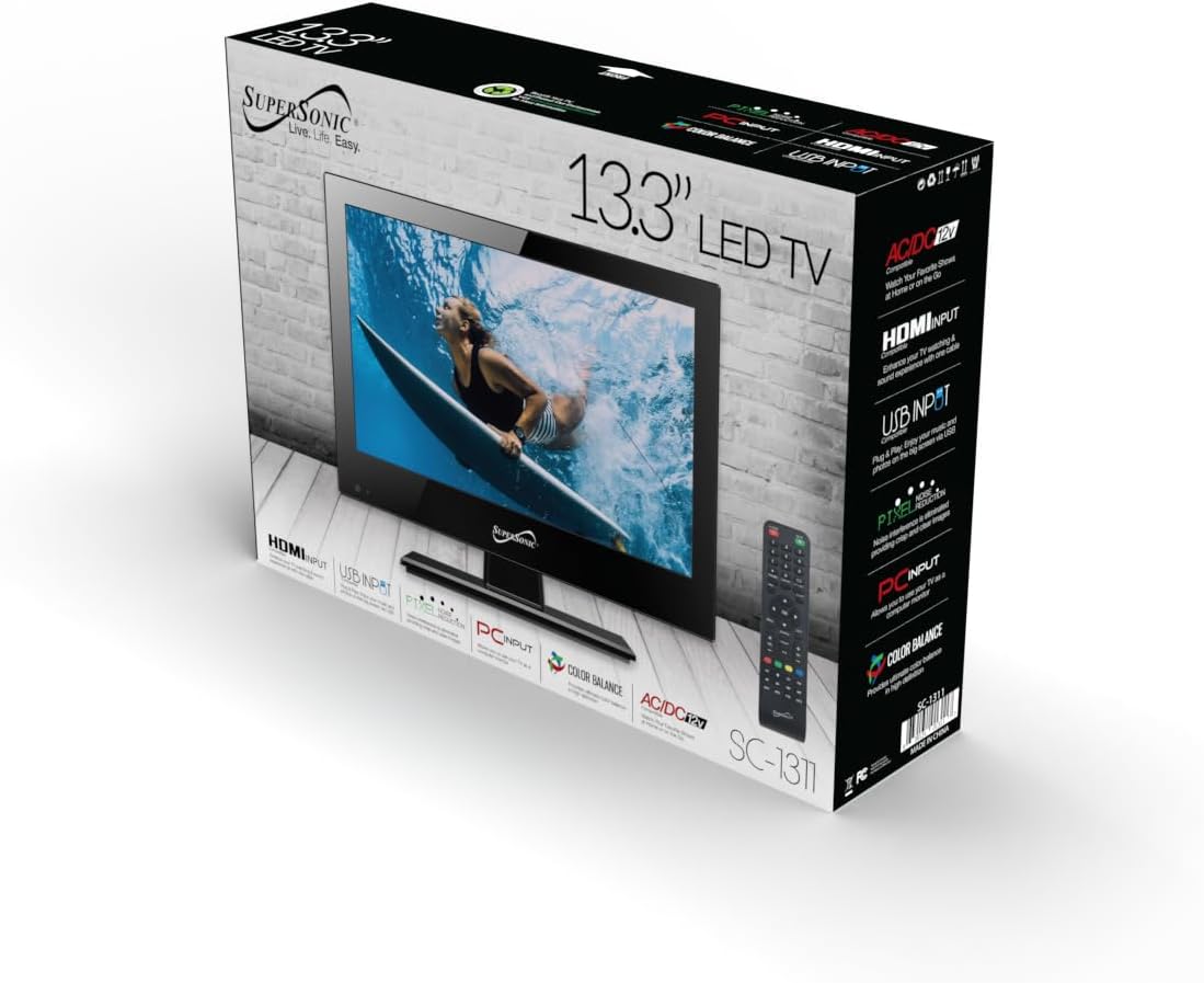 Supersonic SC-1311 13-Inch DLED HDTV with Dual Tuners, HDMI Input, Stunning 1080p Resolution, 16:9 Aspect Ratio, Vibrant Colors, USB Playback, Wall Mountable Design and AC/DC Compatibility