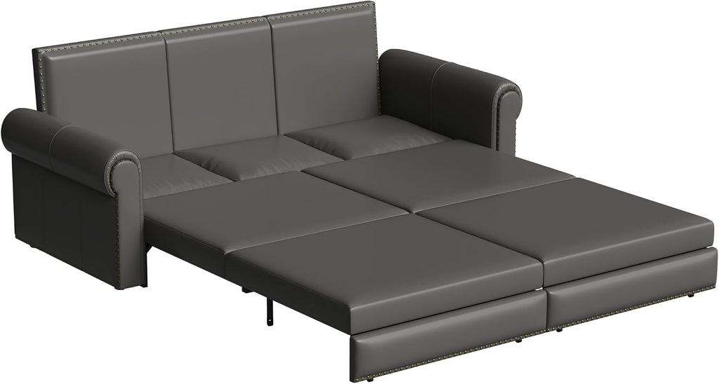 93.7' King Pull Out Sofa Bed, Faux Leather Sleeper Sofa Couch, 3 in 1 Convertible Futon Couches for Living Room, Small Space, Apartment, Office, Bedroom, Modern Rivet Armrest, Grey