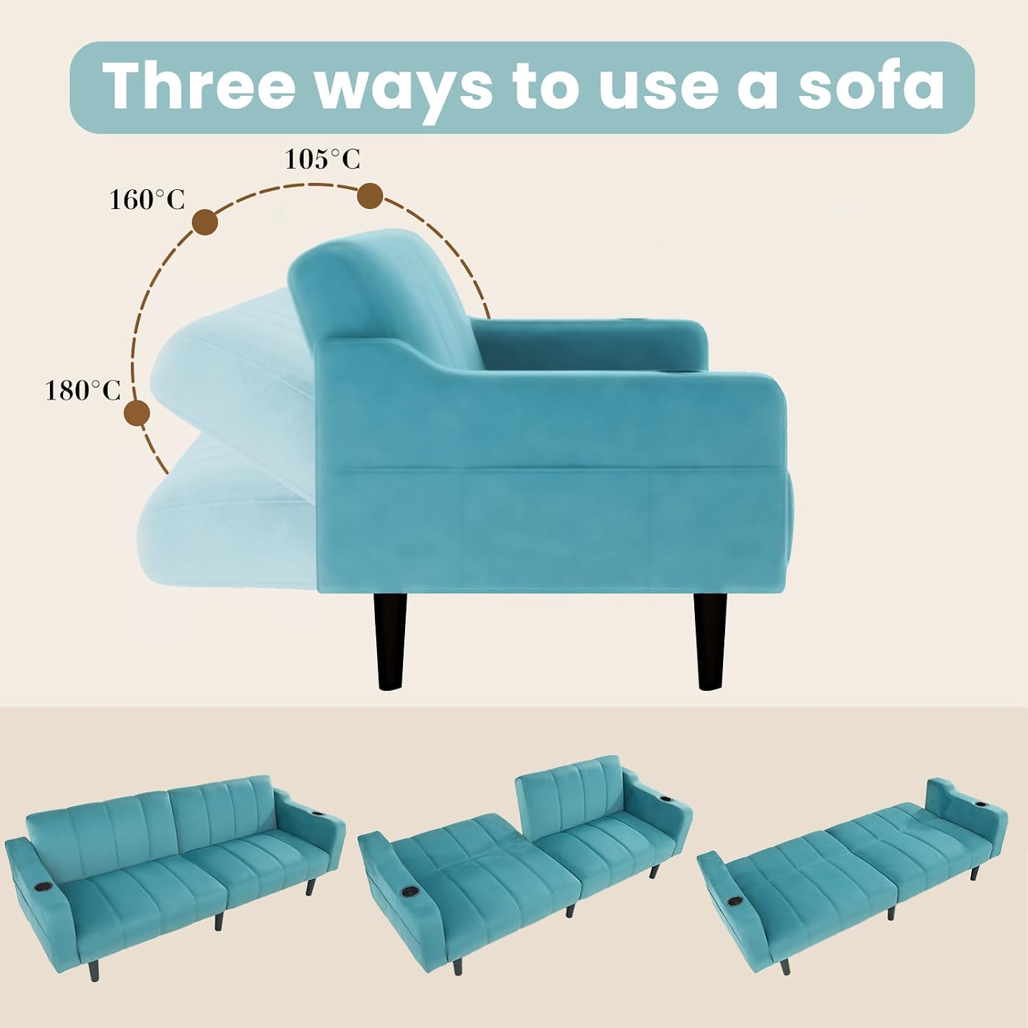 80' Velvet Futon Sofa Bed, Convertible Sleeper Loveseat with Cup Holders & Storage Pockets, Mid Century Modern Couch for Living Room, Bedroom, Office, Small Space (Teal Blue)