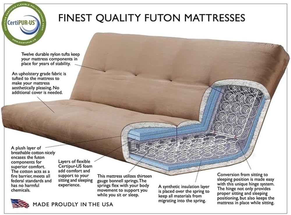 Pemberly Row 8' Full Size Spring Futon Mattress Replacement, Linen Sleeper Sofa Bed Mattress, Cocoa Brown-Frame Not Included