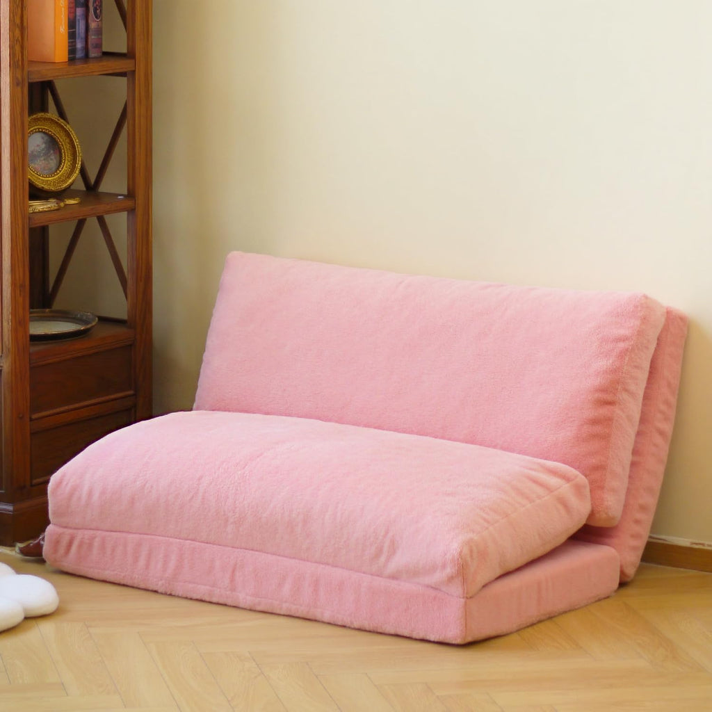 N&V Folding Matress Sofa Bean Bag Bed, Foam Filling Folding Matress Sofa, Includes Removable and Machine Washable Cover, Soft Premium Faux Fur (Medium, Pink)