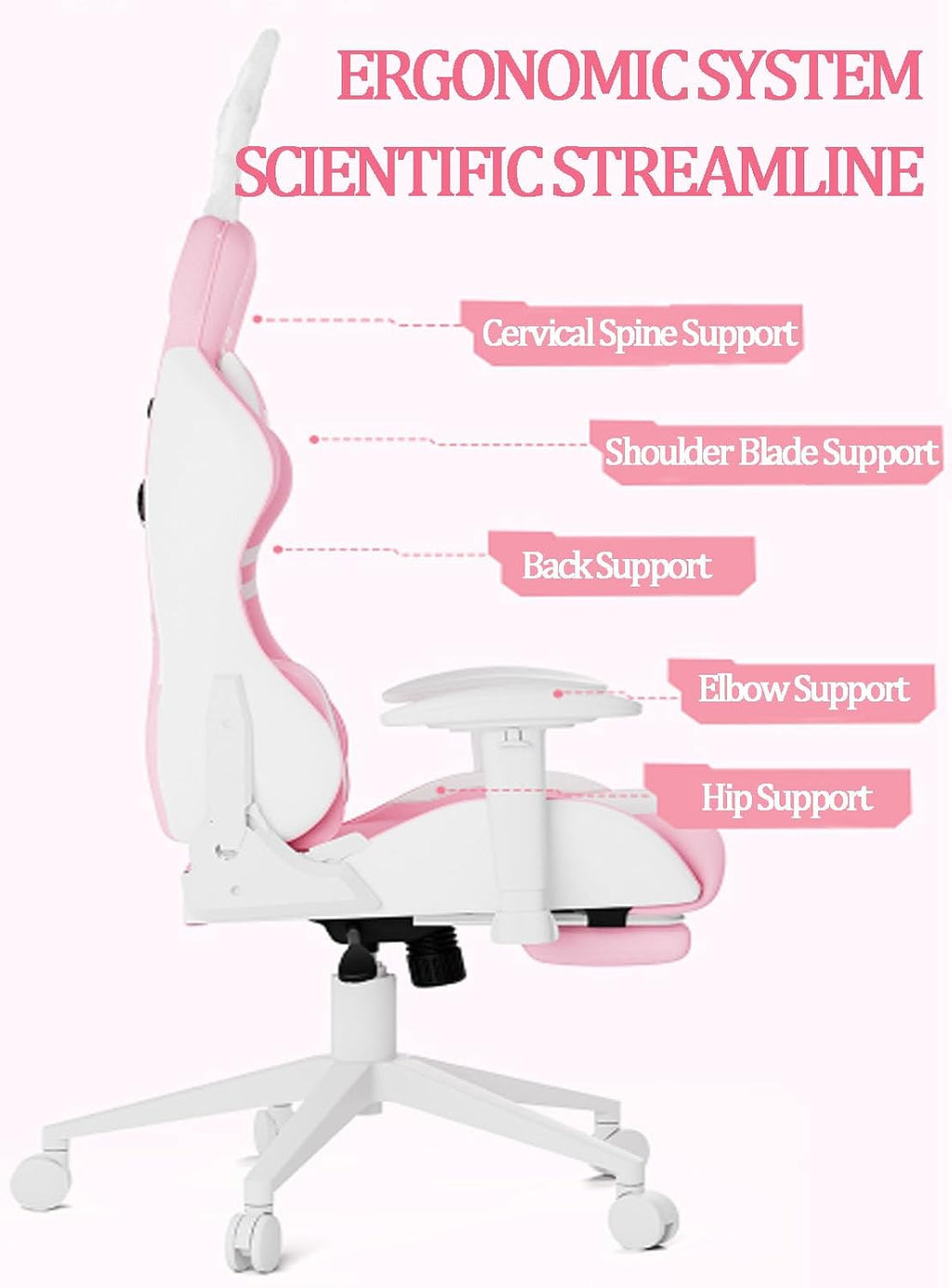 Pink Gaming Chair Big and Tall Lovely Bunny Computer Gamer Chair with Footrest and Lumbar Support Ergonomic Office Chair Comfortable Racing Reclining Leather Chair for Girls Adults Teens Kids