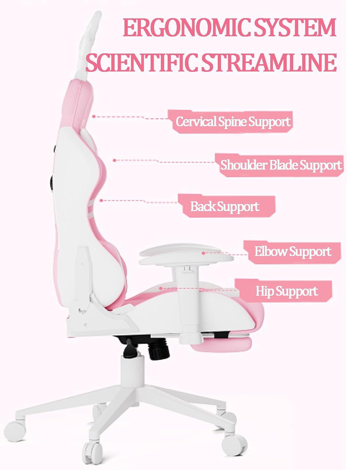 Pink Gaming Chair Big and Tall Lovely Bunny Computer Gamer Chair with Footrest and Lumbar Support Ergonomic Office Chair Comfortable Racing Reclining Leather Chair for Girls Adults Teens Kids