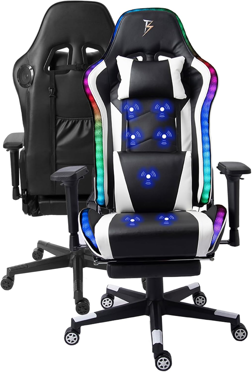 Adult Video Gaming Chair with 7-Point Massage Function and Speakers,Ergonomic Gaming Chair with Footrest and Lumbar Support,PU Leather, 360° Swivel,180° Tilt High Back Office Chair.,White