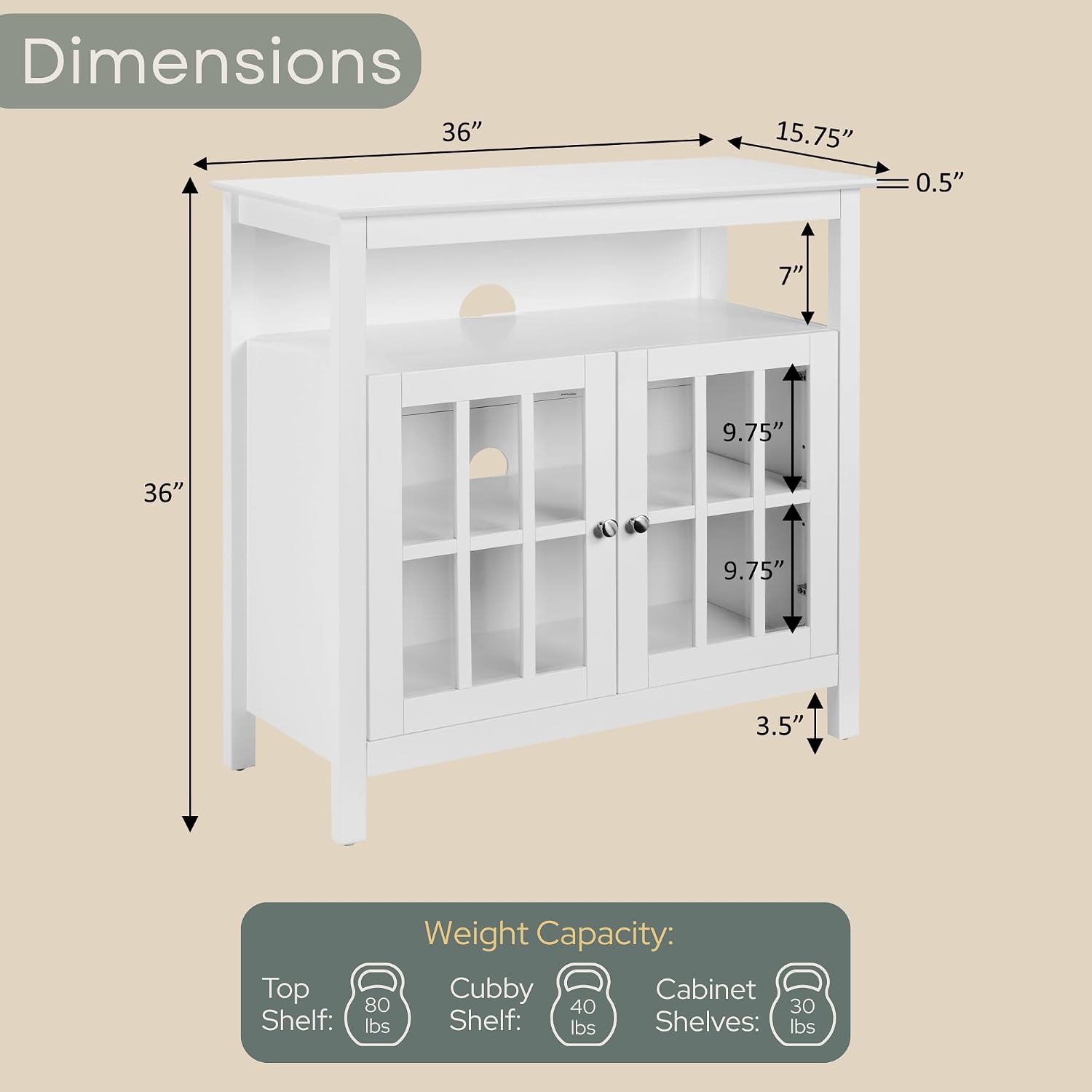 Convenience Concepts Big Sur Highboy TV Stand with Storage Cabinets and Shelves in White Finish