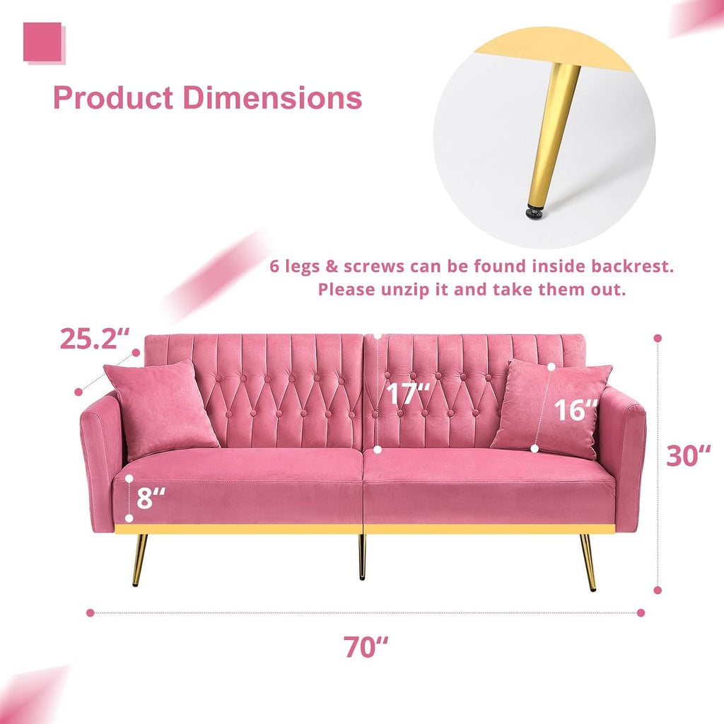 2 Pieces Velvet Sofa Set with Adjustable Armrest and Backrest, 70' Convertible Futon Sofa Bed & Mordern Accent Chair with Ottoman for Living Room, Bedroom, Pink