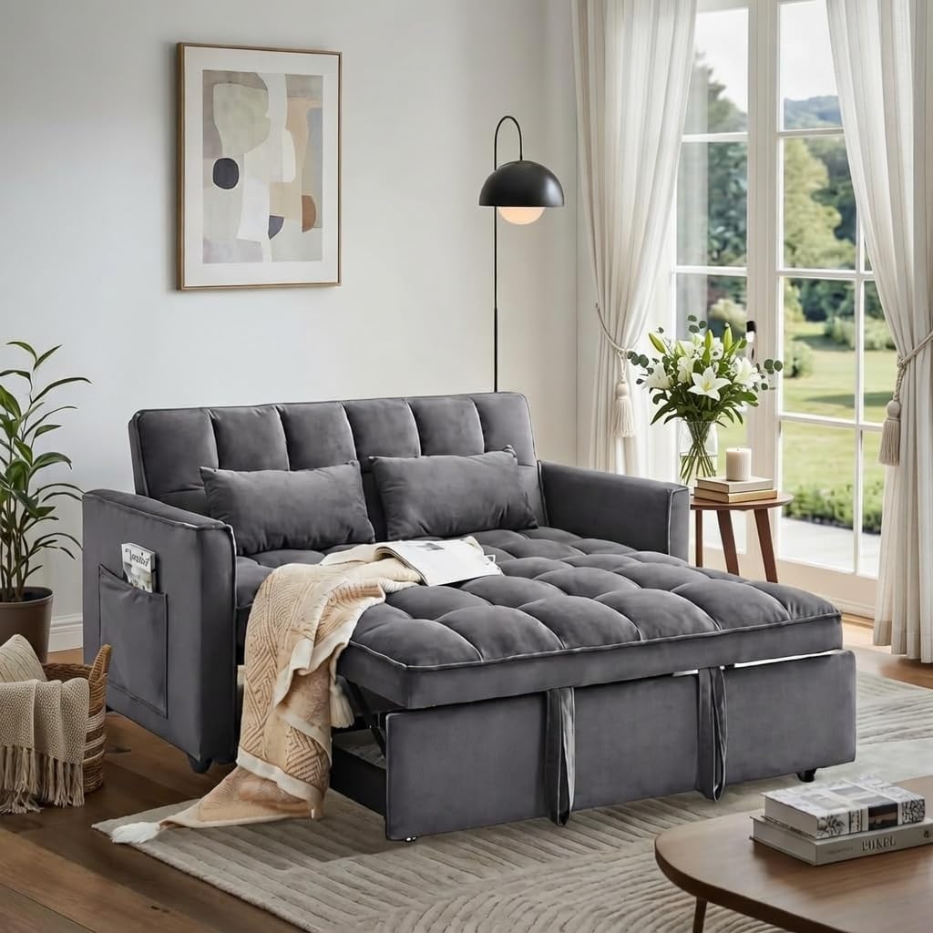 Pull Out Couch, Loveseat Sleeper Sofa Bed with Side Pockets, 3 in 1 Velvet Fabric Convertible Sofa Bed with Adjustable Backrest for Living Room, Bedroom, Apartment, Gray