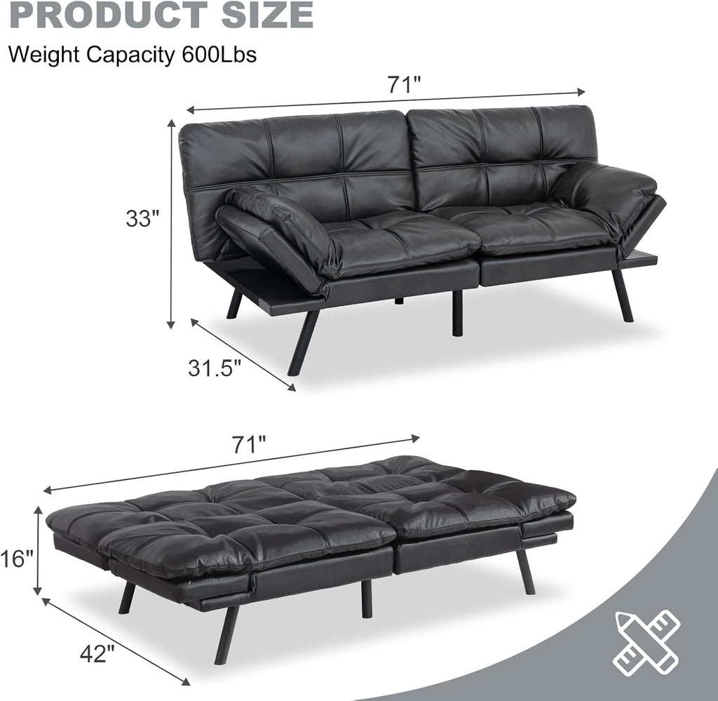 MUUEGM Futon Sofa Bed Convertible Couch,Memory Foam Futon Sofa Couch,Sleeper Futons Sofa Couches,Small Splitback Modern Loveseat Sofa Bed for Living Room,Office,Apartment,Faux Leather,Matte Black.