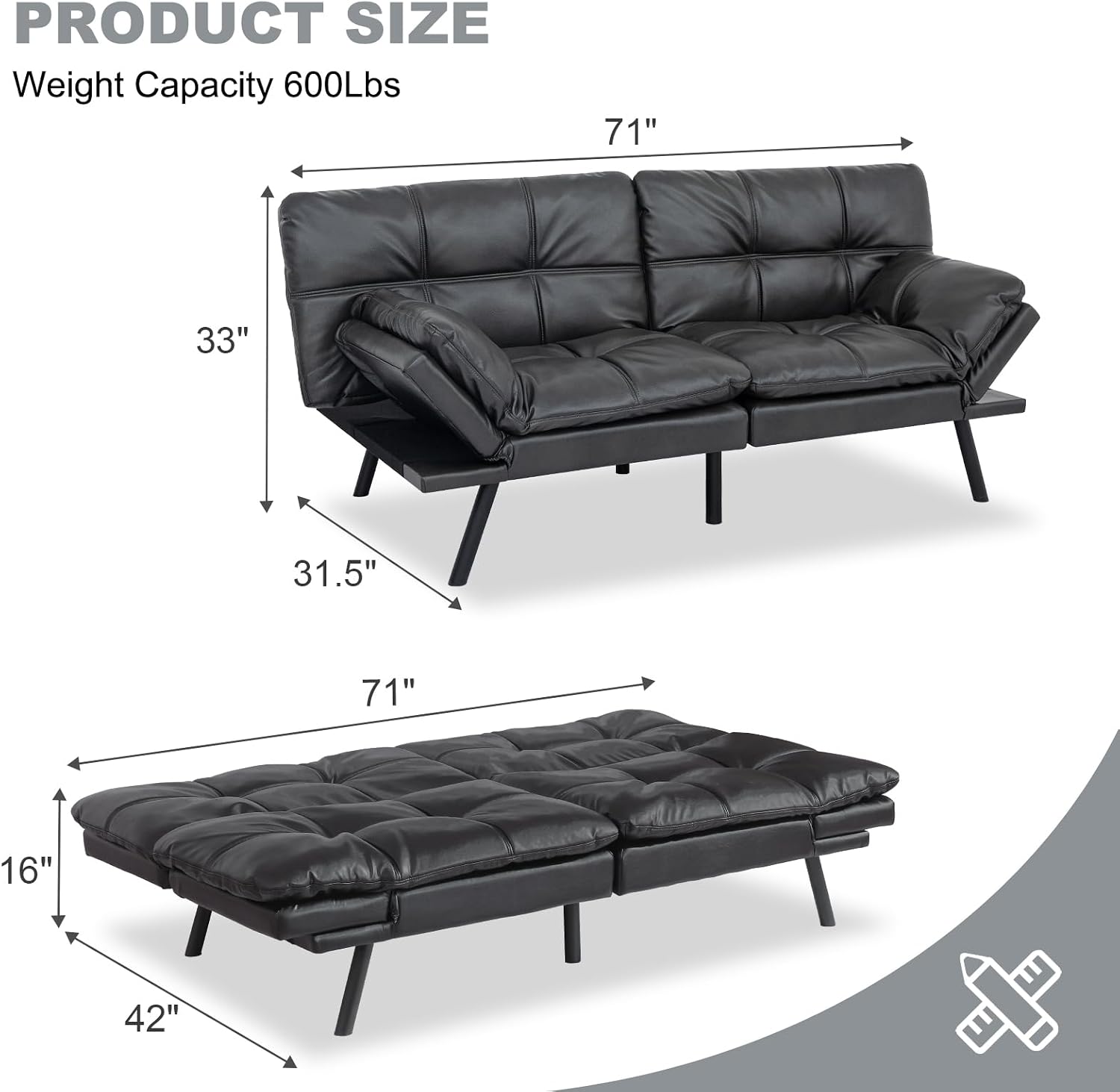 MUUEGM Futon Sofa Bed Convertible Couch,Memory Foam Futon Sofa Couch,Sleeper Futons Sofa Couches,Small Splitback Modern Loveseat Sofa Bed for Living Room,Office,Apartment,Faux Leather,Matte Black.