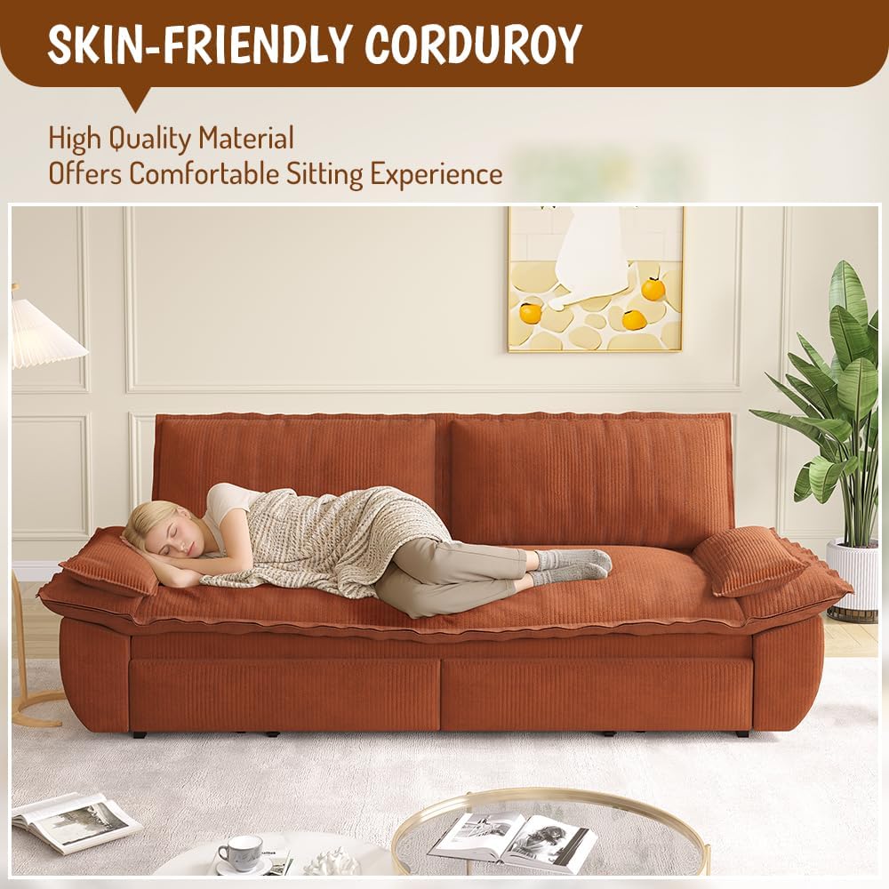 73.2' Sofa Bed Queen, 3-in-1 Pull Out Sofa Bed with Pillow Armrest, Modern Corduroy Convertible Sleeper Futon Sofa for Living Room Small Space, Apartment, Bedroom, Orange
