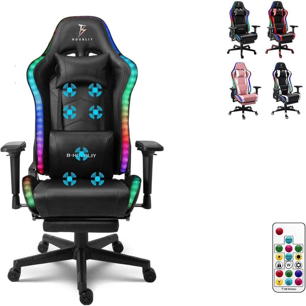 Massage Gaming Chair with Footrest, Computer Chair with Speakers and RGB Lights Height Adjustable Gamer Chair with 4D Armrests Headrest and Lumbar Support Office Chairs for Gaming,Black