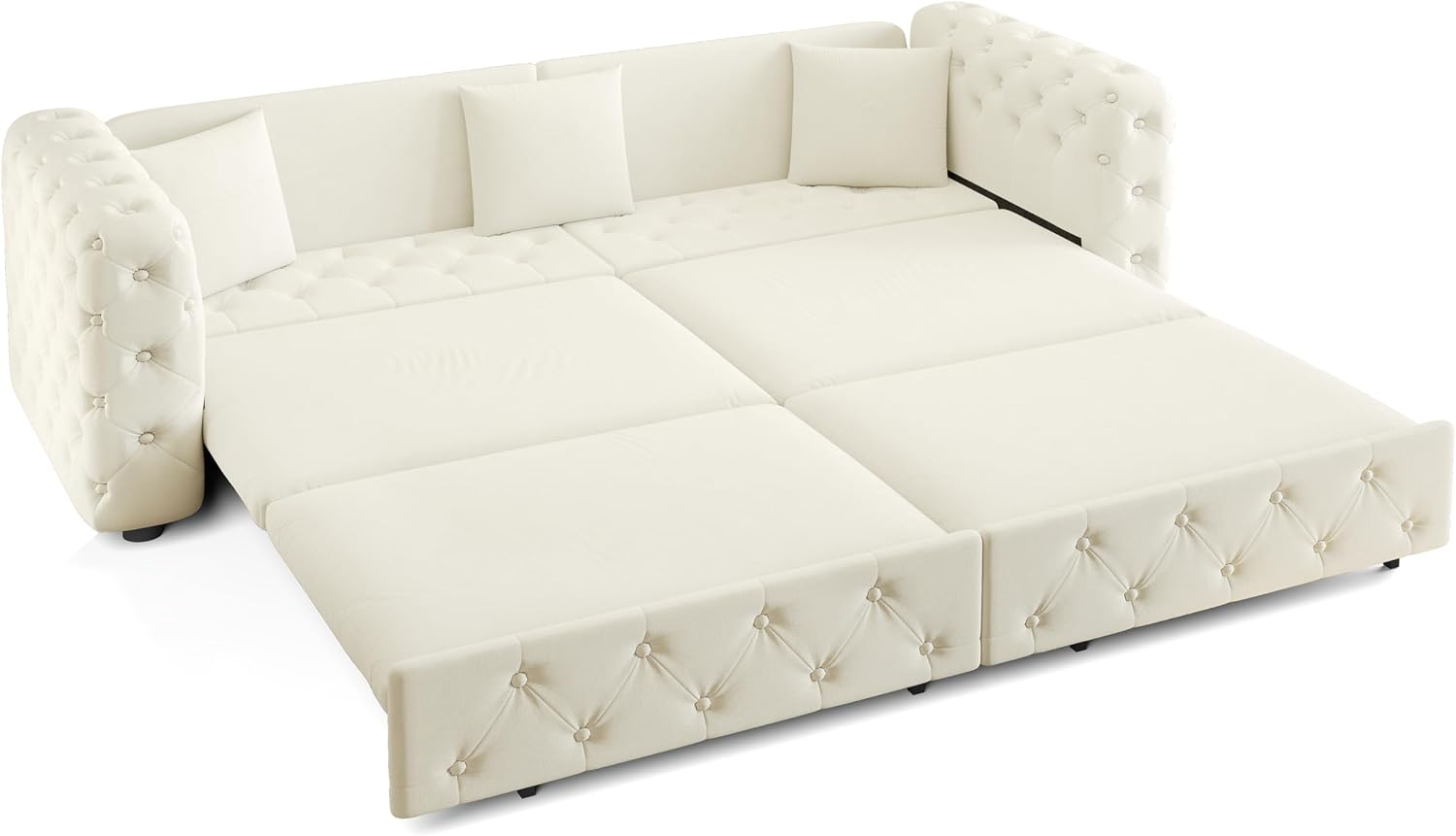 89' Pull Out Sofa Bed King Size, Velvet Chesterfield Sleeper Sofa Couch, 3 in 1 Convertible Recliner, Modern Tufted Deep Seat Couches for Living Room, Small Space, Apartment, Cream Beige