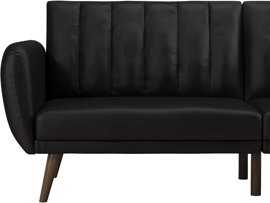 Novogratz Brittany 82 Inch Futon Sofa Bed in Faux Leather, Upholstered Couch Sleeper with Tufted Back, Mid-Century Modern Design, Black
