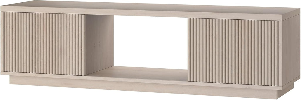 Henn&Hart Fluted TV Stand for TVs up to 65' with 2 Side Storage Cabinets and Open Center Storage for Living Room, Family Room, or Office, Beech White