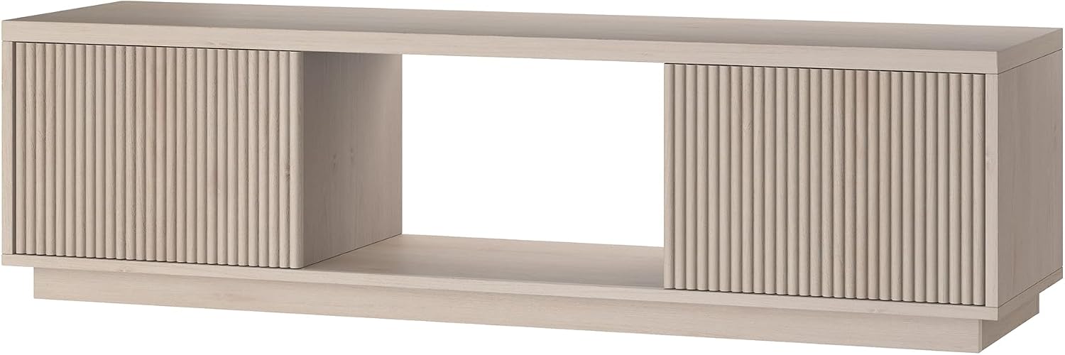 Henn&Hart Fluted TV Stand for TVs up to 65' with 2 Side Storage Cabinets and Open Center Storage for Living Room, Family Room, or Office, Beech White