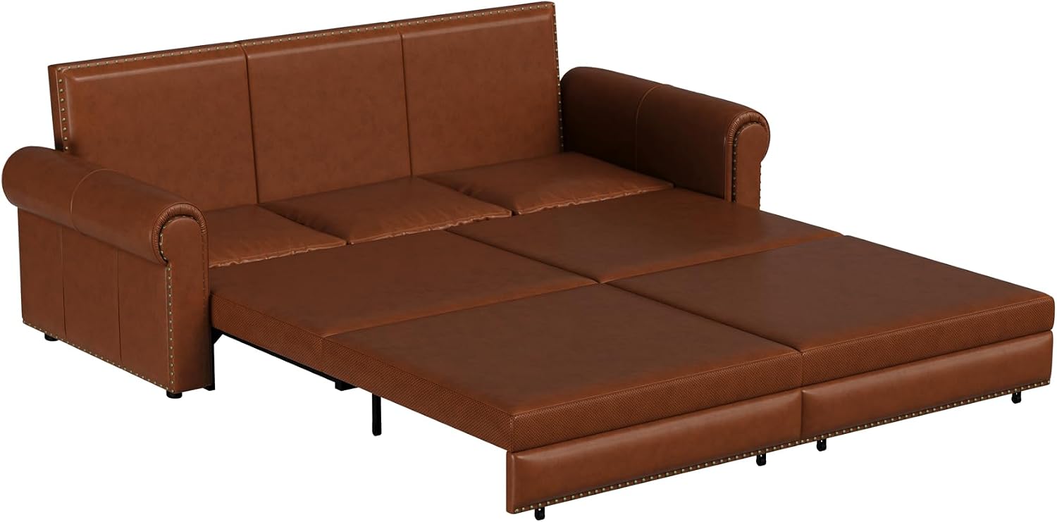 93.7' King Pull Out Sofa Bed, Faux Leather Sleeper Sofa Couch, 3 in 1 Convertible Futon Couches for Living Room, Small Space, Apartment, Office, Bedroom, Modern Rivet Armrest, Light Brown