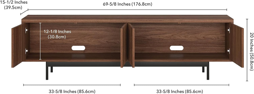 Henn&Hart Fluted TV Stand for TVs up to 75' with 2 Open-Concept Ribbed Storage Cabinets for Living Room, Family Room, or Office, Medium Walnut