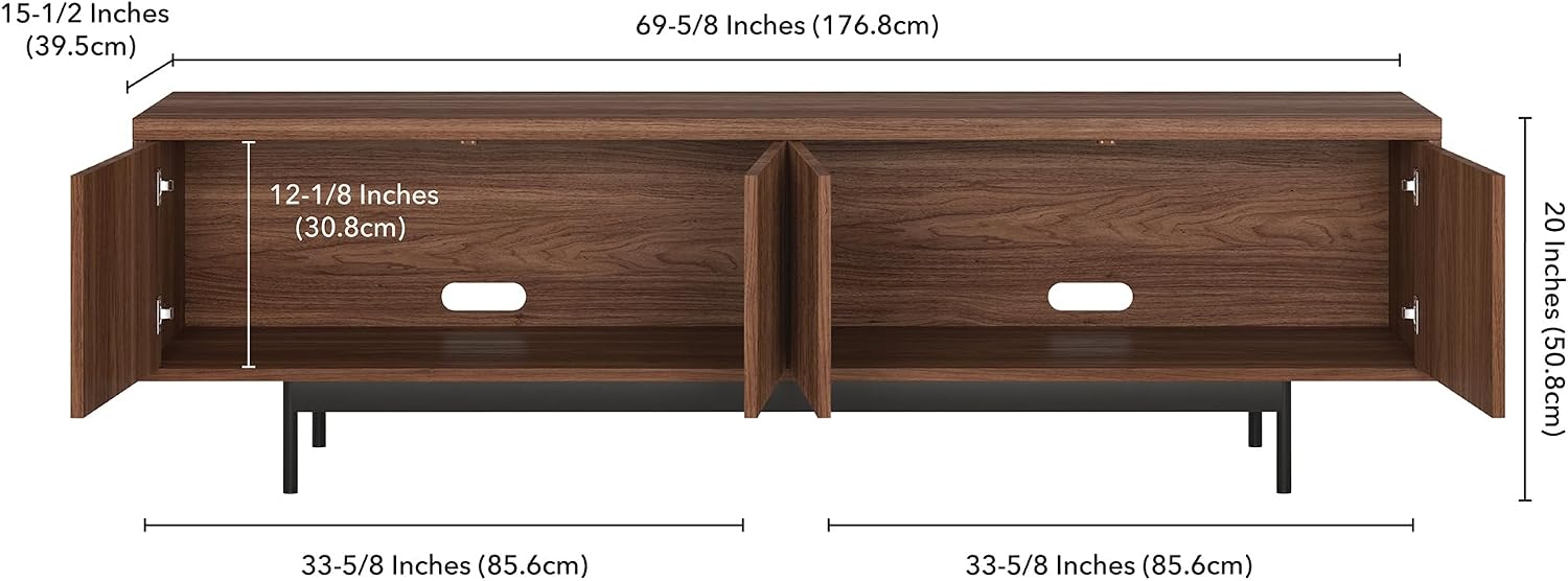 Henn&Hart Fluted TV Stand for TVs up to 75' with 2 Open-Concept Ribbed Storage Cabinets for Living Room, Family Room, or Office, Medium Walnut