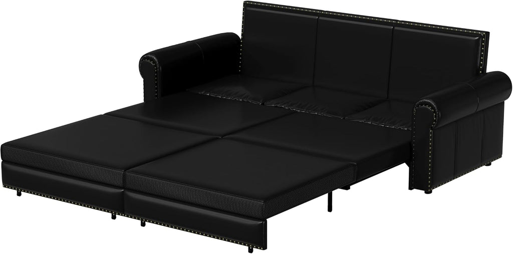 93.7' King Size Sleeper Sofa Bed, Pull Out Sofa Bed, Faux Leather Upholstery, 3 in 1 Convertible Sleeper Couch, Chaise Lounge, Retro Recliner for Living Room, Apartment, Office, Black