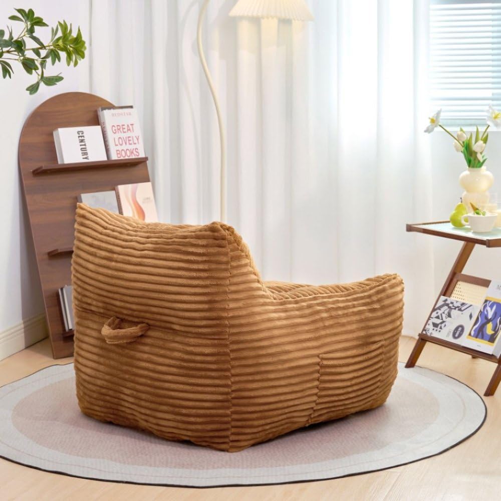Bean Bag Chair for Adults with Armrests - Oversized Comfy Beige Beanbag Lounge Lazy Floor Sofa Chair for Living Room, Bedroom & Dorm, Cozy Fluffy Single Cloud Mini Couch (Brown + Corduroy + Foam)