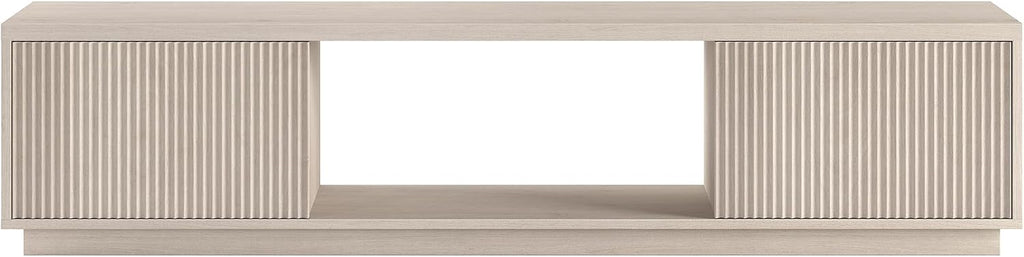 Henn&Hart Fluted TV Stand for TVs up to 78' with 2 Ribbed Side Storage Cabinets and Open Center Storage for Living Room, Family Room, or Office, Beech White
