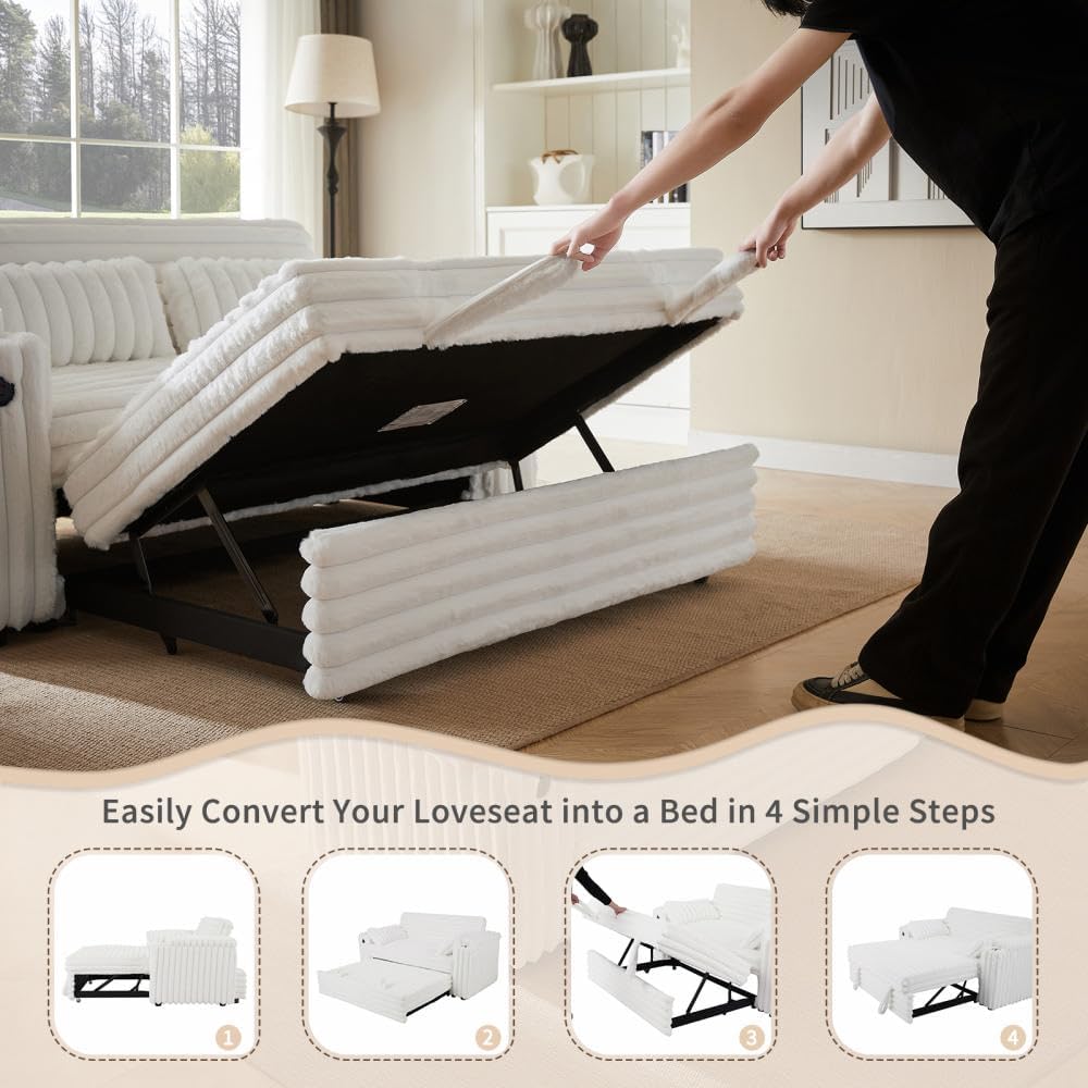 hansones 68' Corduroy Convertible Sofa Bed with USB, Storage Armrests & Pillows – 3-in-1 Foldable Sleeper Chair Floor Couch for Living Room, Bedroom, Guest Room (ZY-1109-White)