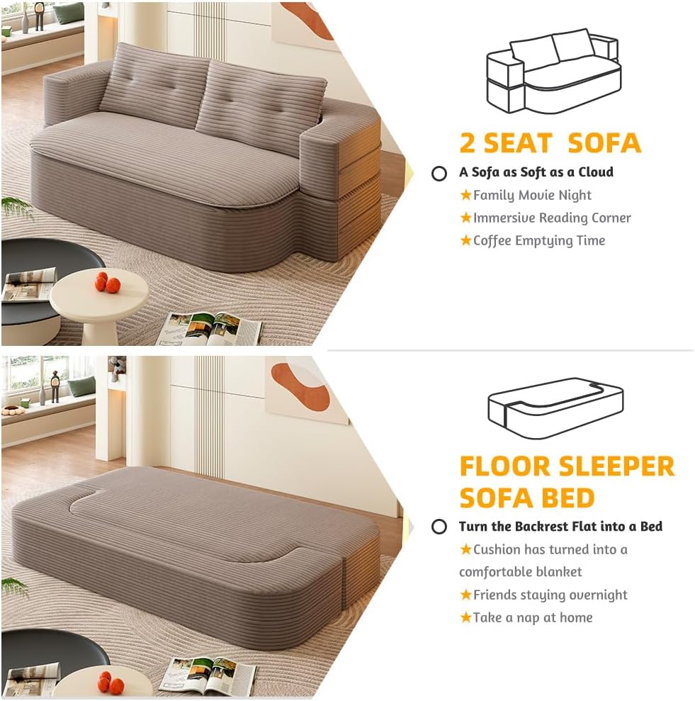 78.7' Futon Sofa Bed, 2-in-1 Foldable Sleeper Sofa, Convertible Sofa Bed with Pillows, Corduroy Couch with Multi Functional Blanket Upholstered Boneless Couches for Living Room, Brown
