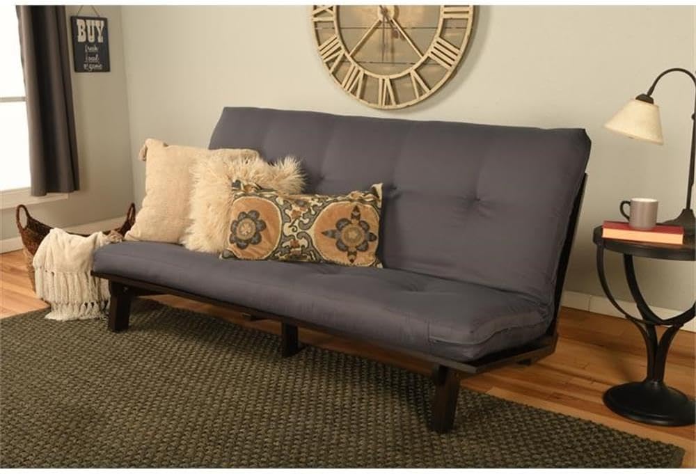 Kodiak Furniture Carson Full Size Futon Frame and Mattress Set - Java Brown Finish Wood Futon Frame with Mattress Included in Twill Gray Color