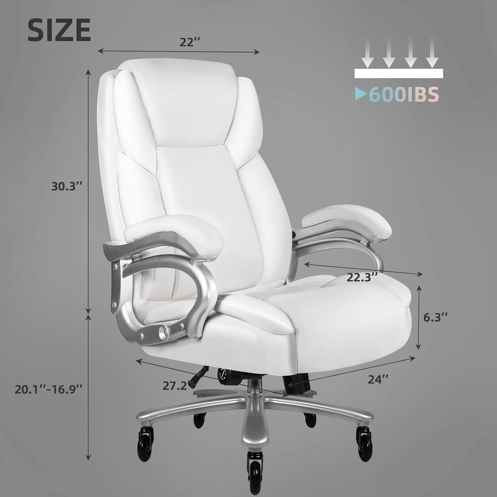 VITESSE 600lbs Heavy Duty Office Chair for Low Back Pain Relief, Big and Tall Office Chair with Ergonomic Lumbar Support, High Back Executive Chair with Quiet Rubber Wheel（White）