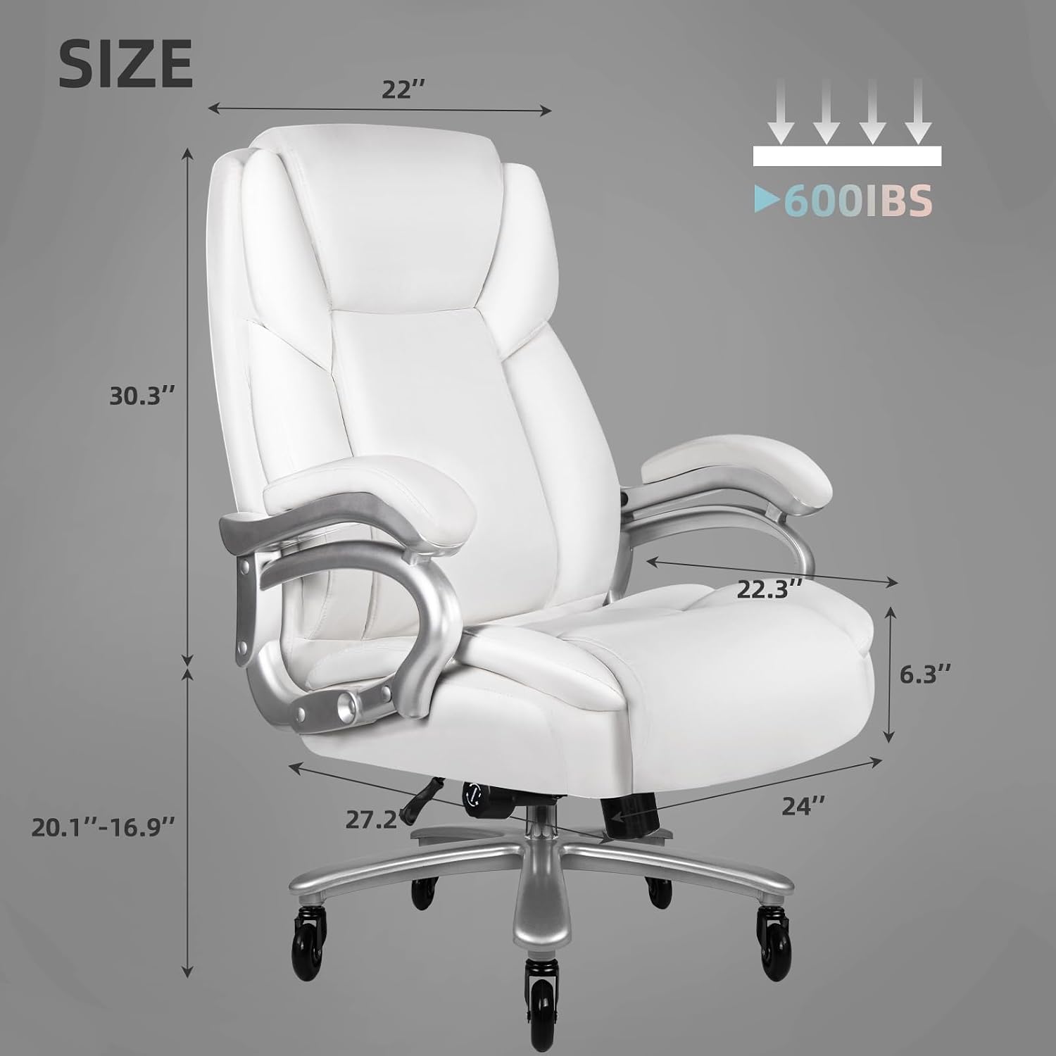VITESSE 600lbs Heavy Duty Office Chair for Low Back Pain Relief, Big and Tall Office Chair with Ergonomic Lumbar Support, High Back Executive Chair with Quiet Rubber Wheel（White）