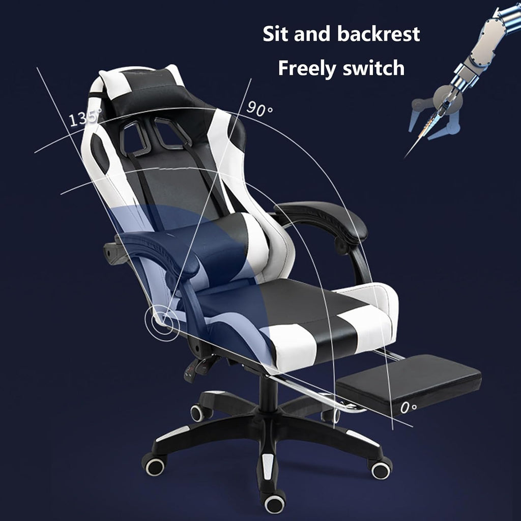 Gaming Chair Office Chair High-back Ergonomic Video Game Chairs with Footrest and Lumbar Support Height Adjustable Racing Style Computer Chair with Swivel Seat and Headrest,One Size,Black White