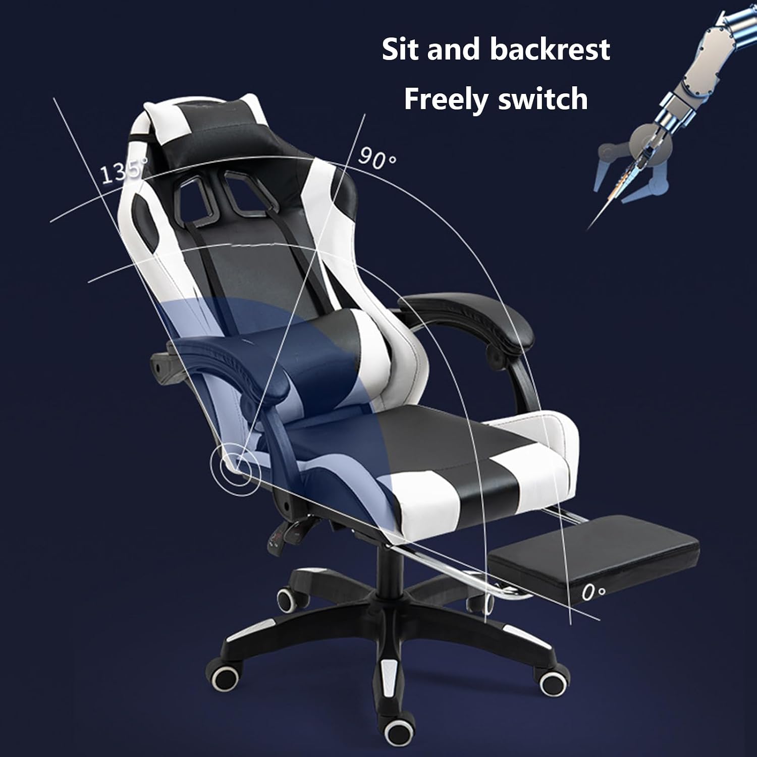 Gaming Chair Office Chair High-back Ergonomic Video Game Chairs with Footrest and Lumbar Support Height Adjustable Racing Style Computer Chair with Swivel Seat and Headrest,One Size,Black White