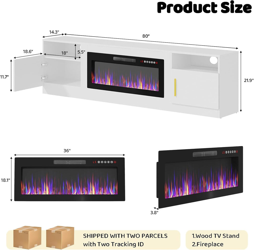 Lemberi Fireplace tv Stand with 36 inch Fireplace Up to 90' TVs, LED Light Entertainment Center and Storage, 80' Modern Wood Media TV Console with Highlight Cabinet for Living Room (White)